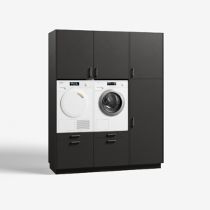 Moderne 'flush' wasmachinekast in 'metallic black' met 'ara zwart matte' handgrepen, met geïntegreerde wasmachine en droger.