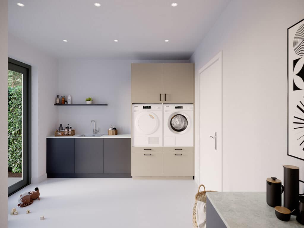 Moderne 'straight' wasmachinekast in 'beige grijs' met 'ara zwart matte' handgrepen, voor een wasmachine en droger in een nette wasruimte.