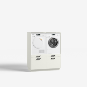 Moderne 'two pair' wasmachinekast in 'gebroken wit' met 'ara zwart matte' handgrepen, voor geïntegreerde wasmachine en droger.